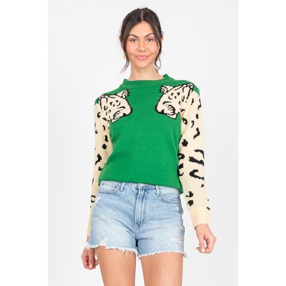 Leopard Sleeve Colorblock Knit Crewneck Sweater Green Cream Angashion Size L - Picture 1 of 8